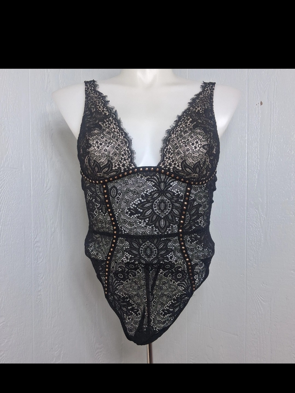 Victoria’s Secret Black Lace Studded Corset Teddy Bodysuit L Sexy Goth Y2K Style